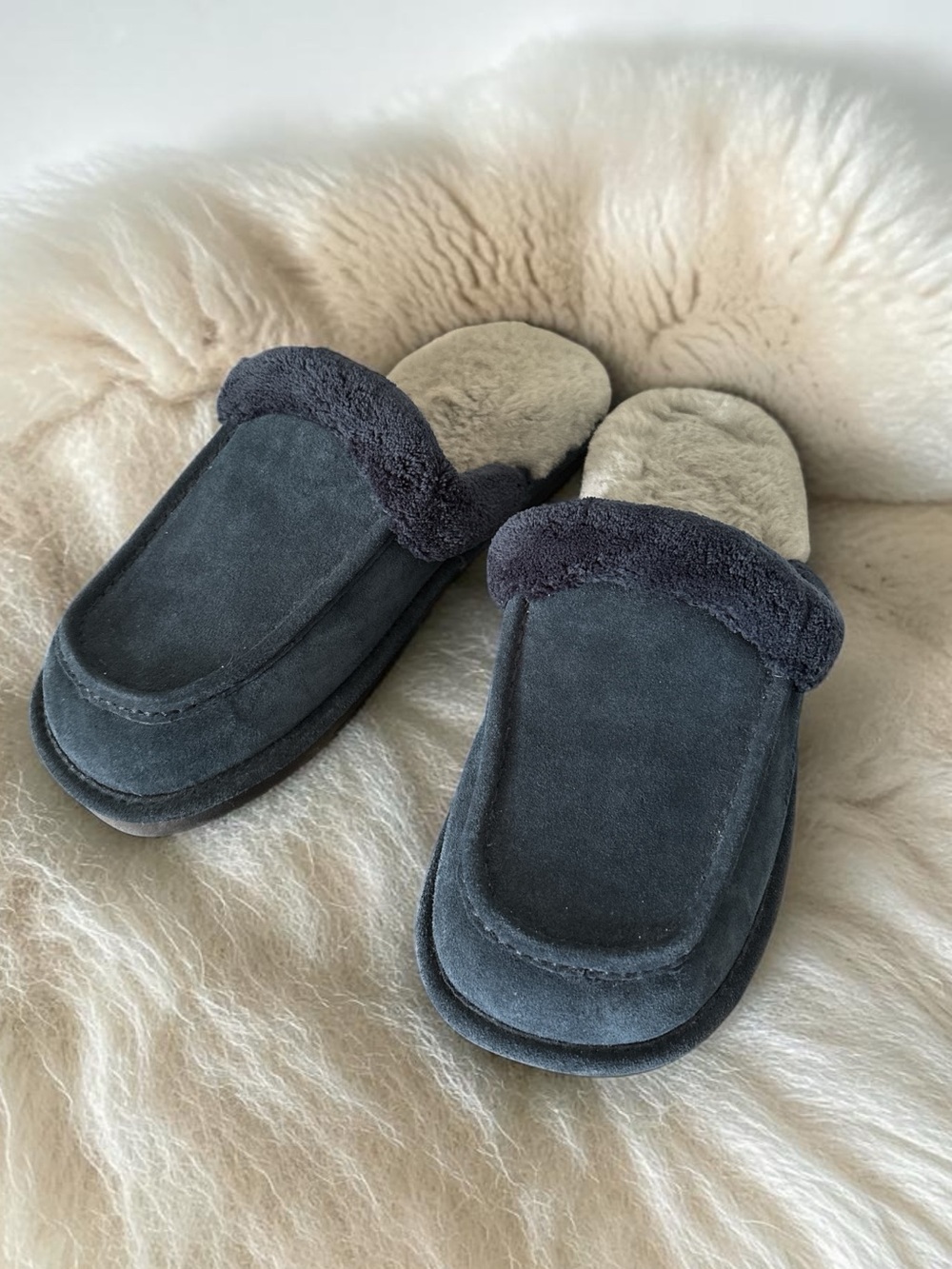 NukNuuk (13) Men's Leather Mule Slippers Navy Square Toe Suede Soft Lining Warm